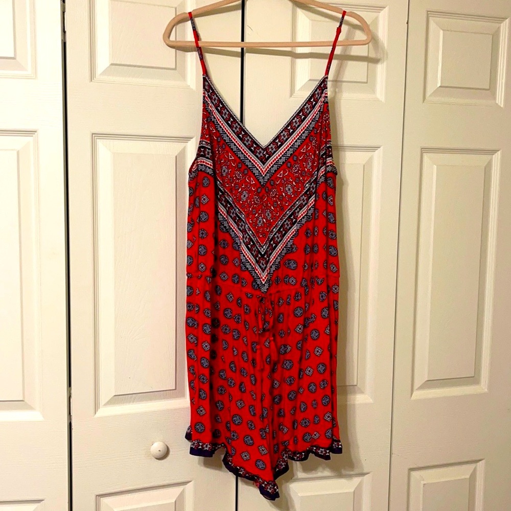 Red, Navy and White Spaghetti Strap V Neck Romper